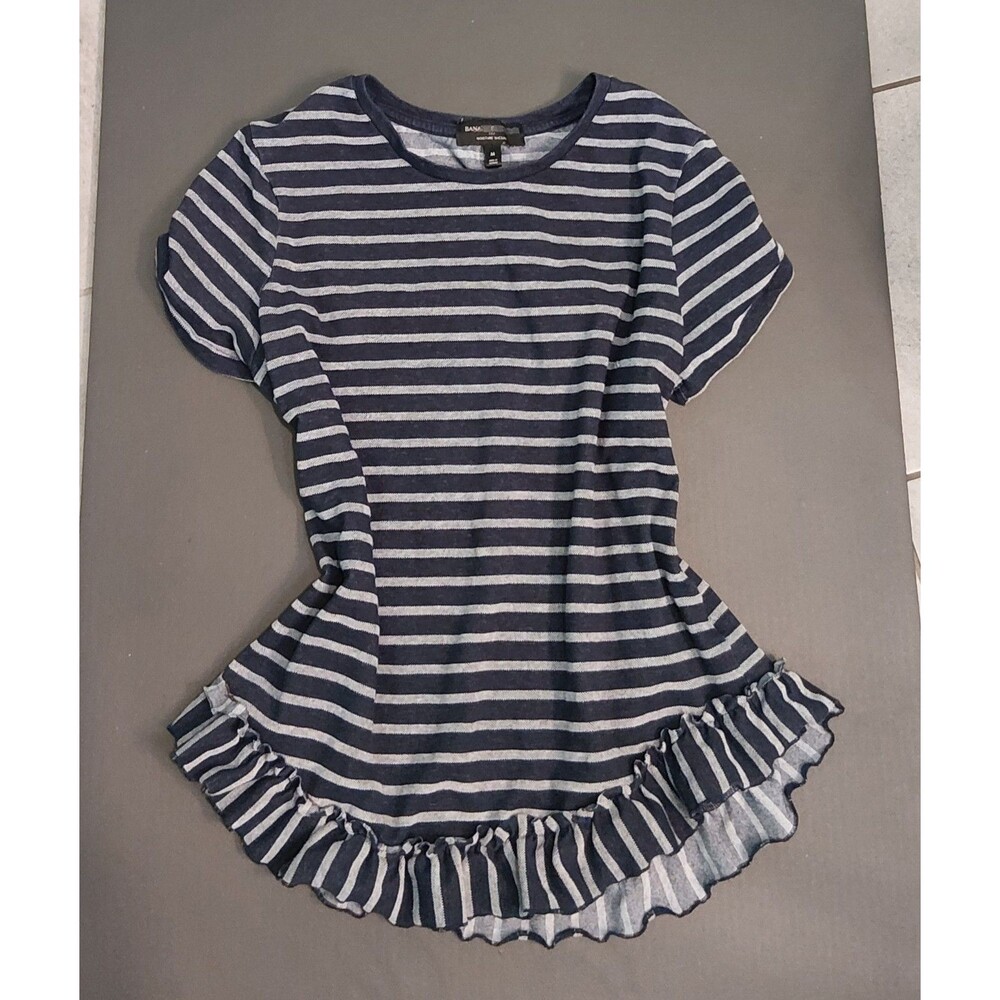 Banana Republic women Navy Stripe Ruffle Top Size Medium Moisture Wicking Cotton - Picture 2 of 15